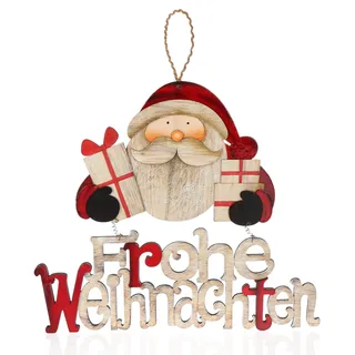 com-four® Hängedeko Weihnachten - Holz-Aufhänger Schriftzug mit Santa Claus - Türschild FROHE WEIHNACHTEN aus Holz - Hänger für Türen, Wände, Fenster (Santa mit Geschenken)