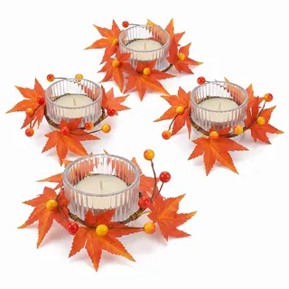 4er Set Herbst Kerzenring, Ahornblatt Deko Ring für Thanksgiving Tischdekoration