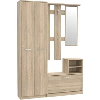 Furniture24 Garderobe NIKO NIKD01 Flurgarderobe, Flur, Dielengarderobe mit 2 Türiger Kleiderschrank, Schuschrank mit 1 Klapptür und Spiegel Sonoma Eiche - Braun