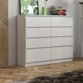 Schubkastenkommode ARIA II inkl. 8 Schubladen 120 cm Kommode aus Spanplatte Sideboard für Wohnzimmer Flur, Farbe: Weiß - Weiß