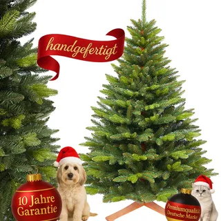 Premium Weihnachtsbaum künstlich-10 Jahre GARANTIE-220cm-handgefertigt Naturgetreu dichte Zweige Weihnachtsbaum mit massivem Echtholzständer–Tannenbaum künstlich Christbaum mit Spritzgusselementen