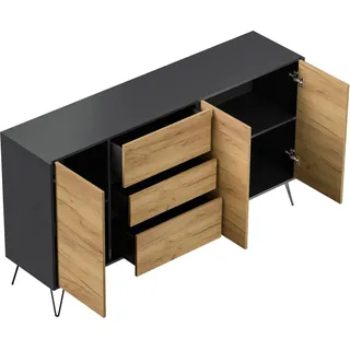 Posseik Sideboard Industrial Q 3 Schubladen 3 Türen 180 cm Grafit Eiche Front