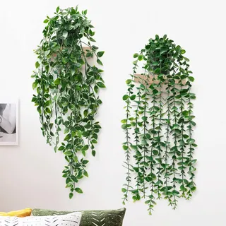 2 Stück Künstliche Hängepflanzen mit Töpfen 50 cm Künstliche Efeuranken | Künstliche Eukalyptusblätter Mandala Grüne Pflanzen für Zuhause Indoor Outdoor Dekor