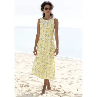 Midikleid BEACHTIME BY LASCANA "mit ausgestelltem Rockteil mit Blumendruck, Jerseykleid", Damen, Gr. 42, N-Gr, gelb, creme bedruckt, Jersey, Obermaterial: 60% Viskose, 35% Polyester, 5% Elasthan, bedruckt, geblümt, figurumspielend ca. Mitte Wade, Rundhals, Kleider Midikleid, Elegantes Sommerkleid, Druckkleid, A-Linien-Kleid, casual-chic, Topseller