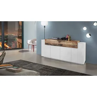 Dmora - Kommode Loris, Küchen-Sideboard mit 4 Türen, Wohnzimmer-Buffet, 100 % Made in Italy, 200 x 45 x 86 cm, glänzendes Weiß und Ahorn,