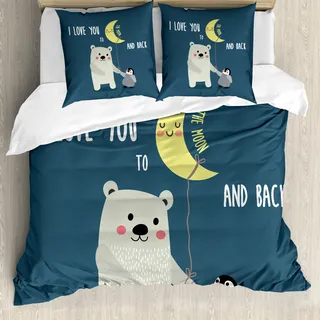 ABAKUHAUS Ich Liebe Dich Bettbezug, Teddybär Penguin, Milbensicher Allergiker geeignet mit Kissenbezügen, 200 cm x 200 cm - 80 x 80 cm, Schiefer-Blau, Grau, Gelb