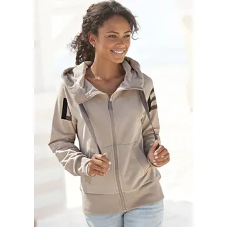 Sweatjacke ELBSAND "Kekoa", Damen, Gr. XXL (44), beige (sand), Sweatware, Obermaterial: 95% Baumwolle, 5% Elasthan, unifarben, figurumspielend hüftlang, extrabreites Bündchen, Sweatjacken Sweatjacke, mit großem Logodruck hinten, bequeme Freizeitjacke mit Taschen, Topseller