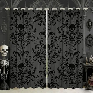 Schwarze Damast-Verdunkelungsvorhänge, antiker viktorianischer Barock, Gothic, Vintage, Blumenvorhänge und Vorhänge, exotischer Zuckerschädel, Fensterbehandlungen, 2 Paneele, 96,5 cm B x 45 L, Gothic