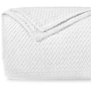 Dreamzie - Flauschig Fleecedecke 220 x 270 cm - Kuscheldecke Mikrofaser 100% Polyester 260gsm - Decke Sofa mit Fischgrätmuster und weicher Haptik - Weiß