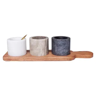 BELIANI Dipschalen Set mit Serviertablett Mehrfarbig aus Marmor u. Akazienholz mit Teelöffel Servierplatte Dekotablett Mamorschalen für Dips Saucen - Bunt, Gold, Braun