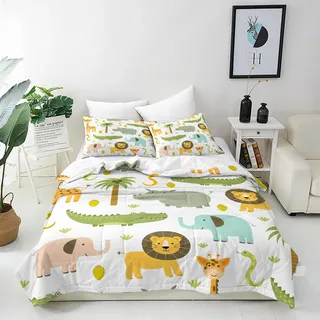 ANHOPE Safari Tier Löwe Elefant Bettwäsche Set Weich Microfaser Druck Bettbezüge mit Reißverschluss 3 Teilig Bettbezug 135x200 cm & 2 Kissenbezug 50x70 cm Bettdeckenbezug für Kinder Jungen Mädchen