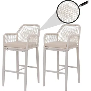 2er-Set Rope-Barhocker HWC-P91, Barstuhl Tresenhocker, Outdoor Sitzpolster Seilgeflecht Metall creme - Beige