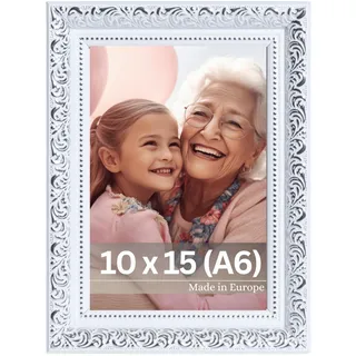 Victor Vintage Bilderrahmen „Rubens“ in 10x15 cm (A6) Weiß Silber - Leiste: 30x20mm - Echtglas - Fotorahmen Barock - Antik - Bilderrahmen 10x15 Weiß