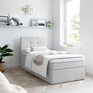 Bett, Boxspringbett MERA MINI mit Bettkästen, Doppelbett, Stauraum, Schlafzimmer, Polsterbett, Bettgestell (100x200, Hellgrau - Aura 15, mit Topper T25) - Hellgrau