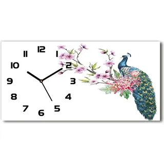 Wanduhr aus Glas – 60x30 cm - Glasbild - Glasuhr - Gehärtetes Glas - schwarze-zeiger - Pfau und Blumen - Schwarz