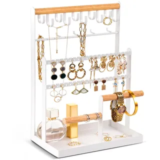 ProCase Schmuckständer Schmuckhalter für Ohrring Ohrstecker Ketten Schmuck Organizer Jewelry Ständer mit 15 Haken, 40 Löcher Ohrringhalter Schmuckaufbewahrung für Halsketten Armbänder Ringe -Weiß