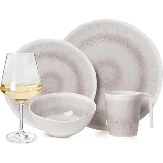 Melamin Camping Geschirr Set 4 Personen Amboss Design 16 Teilig + 4 Milano Weiß Weingläser Tafelgeschirr Picknick BBQ Kochgeschirr