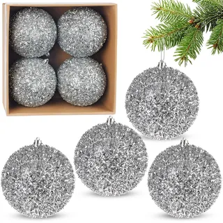 BRUBAKER Glitzer Weihnachtskugeln - 4er Set große Glitter Baumkugeln - 10 cm Christbaumkugeln Bruchsicher aus Kunststoff - Christbaumschmuck für Weihnachtsdeko - Weihnachtsbaumkugeln - Silber