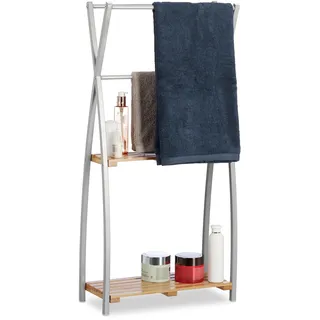 Relaxdays Handtuchhalter Stehend, X-Design, 2 Ablagen, Handtuchständer Bad, HBT: 93 x 46 x 20 cm, Bambus + Stahl, Natur