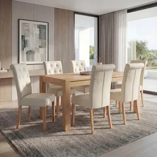 6er-Set Esszimmerstuhl Chesterfield II, Stuhl Küchenstuhl, Nieten Kunstleder, creme, helle Beine - Beige