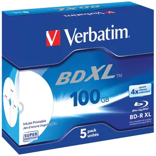 Verbatim BD-R XL 100 GB* 4x, mit Tintenstrahldrucker großflächig bedruckbar, Jewel Case, 5er-Pack