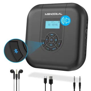 CD Player Tragbar, MONODEAL Tragbarer CD Player Bluetooth, Wiederaufladbar CD Player mit Lautsprecher und FM Transmitter, Anti-Skip