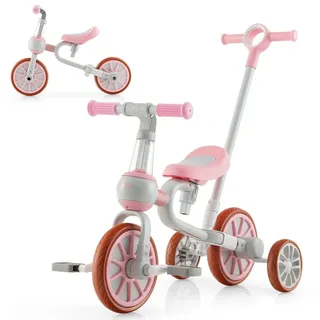 Costway 4 in 1 Kinder Dreirad , Laufrad , Balance Bike , Kinder Schiebeauto mit Schiebegriff rosa