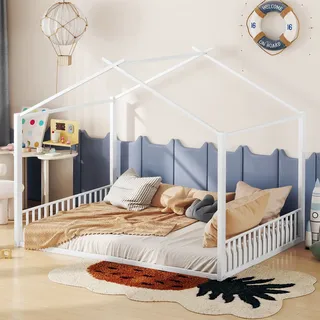 Hausbett mit Lattenrost (140x200 cm), Kinderbett, Metallbett, Jugendbett - Weiß