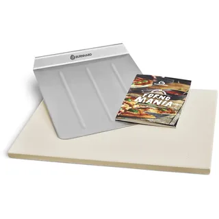 BURNHARD Pizzastein und Pizzaschaufel für Gasgrill & Holzkohlegrill aus Cordierit und Edelstahl für Brot, Flammkuchen & Pizza, rechteckig - 45 x 35 x 1,5 cm