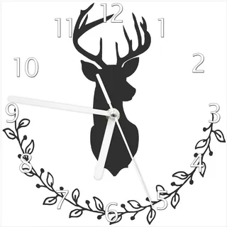 Wallario Design Wanduhr Schwarze Hirsch Silhouette mit Zweigen - schwarz weiß aus Echtglas, Größe 20 x 20 cm - Weiß