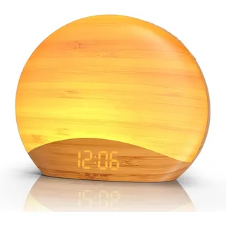 REACHER Lichtwecker Sonnenaufgang, Nachtlicht, 0–100% Dimmbare Uhr, 26 Beruhigender Klängen, Nachttischlampen, Holz Tageslichtwecker für Schlafzimmer, Erwachsene, Babys, Kinder