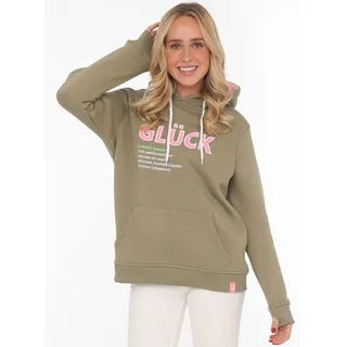 Hoodie ZWILLINGSHERZ "Glück", Damen, Gr. L/XL (L/XL), grün (khaki), Sweatware, Obermaterial: 50% Baumwolle, 50% Polyester, bequem hüftbedeckend, V-Ausschnitt, angesetztes Bündchen, Sweatshirts Hoodie, mit Schriftzug Glück und Kängurutaschen