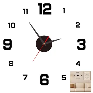 Synkris 3D Wanduhr Groß 40cm Wanduhr DIY Lautlos Uhr zum Kleben Modern Design Selbstklebenden Einfacher Montage für Wohnzimmer Schlafzimmer Küche und Büro Elegantes Schwarz