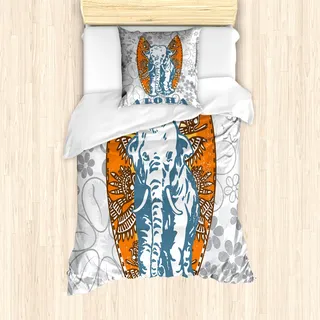 ABAKUHAUS Blumen Bettbezug Set für Einzelbetten, Surfbrett und Elefant, Milbensicher Allergiker geeignet mit Kissenbezug, Schieferblau Pale Grey Orange