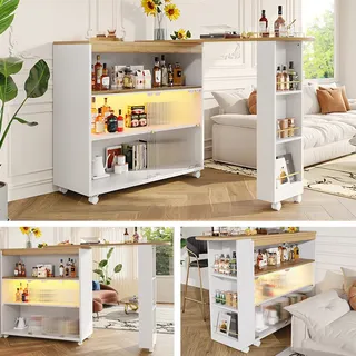 Flieks Ausziehbar Esstische Küchentisch mit Regal und Staufach, Bartisch Stehtisch mit LED, Rechteckig Tisch Kücheninsel 360 ° Drehbar, Weiß - Weiß