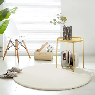 Teppich Wölkchen Fell - Kunstfell Teppich Waschbar, Hasenfell, Kaninchenfell - Flauschiger Teppich Wohnzimmer, Bettvorleger Schlafzimmer - Beige - Rund 120cm