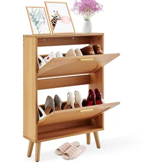 VEVOR Schuhschrank Schmal, Schuhregal Holzfarbe, 600 x 168 x 877 mm Schuhkipper mit 2 Klappen + oberem Staufach, Schuhkommode 36,28 kg Tragfähigkeit, Aufbewahrungsschrank Schuh Massivholz für Flur