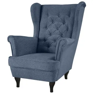 Beautysofa Chesterfield-Sessel Falco dunkelblau mit Wenge Holzbeinen , Blaugrau , Textil , 82x102x92 cm , Wohnzimmer, Sessel, Ohrensessel