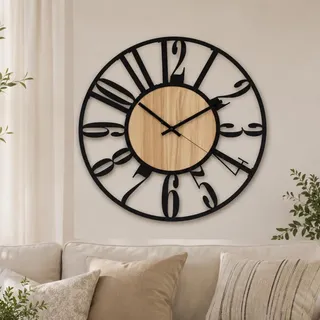 K&L Wall Art 50cm große Holz Wanduhr XL Industrielle Metalluhr Vintage Metall-Holzuhr lautlos ohne Tick-Geräusche