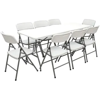 AMANKA Garten-Sitzgruppe, Weiß Kunststoff, Rechteckig, Gartenmöbel Set Klappbar - 180cm Tisch mit 8 Stühlen Garten Sitzgruppe Essgruppe