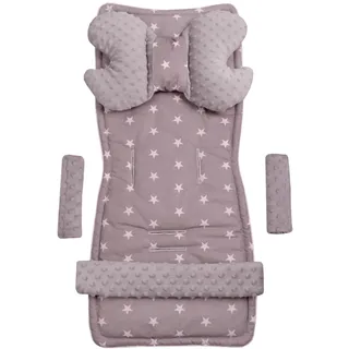 Medi Partners Sitzauflage Kinderwagen Buggy Baby Sommer Kindersitz Einlage Universal - 5tgl Gurtpolster + Spielbogen Kinderwagenset Babyschale (Sternen mit grauen Minky)
