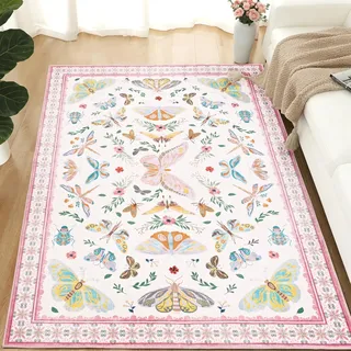 Alishomtll Teppich Läufer 120x160 cm, Rosa Vintage Schmetterling&Insekt Teppich, rutschfest Waschbar Küchenteppich, Weich Kurzflor Flurläufer für Wohnzimmer Schlafzimmer Kinderzimmer Küche Eingang