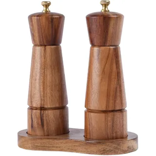 DeroTeno Salz- und Pfeffermühlenset mit Mühlenuntersetzer, Verstellbare Keramikmahlwerk Salzmühle, Edelstahlmahlwerk Pfeffermühle, Akazienholz, 16,5 cm Höhe, Boden DIA 5 cm