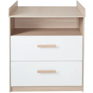 roba Wickelkommode Cabane mit abnehmbarem Aufsatz - Offenes Fach + 2 Schubladen mit Vollauszug - Mitwachsende Babykommode - Griffe aus Holz - Weiß/Eiche