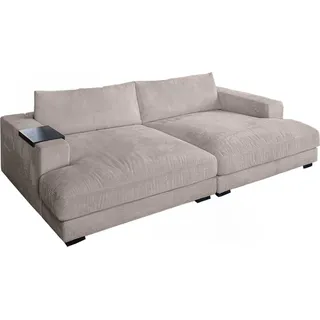 KAWOLA Big Sofa MADELINE mit Holztablett schwarz für Armlehne Cord taupe - Taupe
