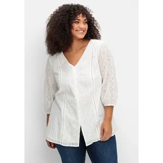 Schlupfbluse SHEEGO BY JOE BROWNS, Damen, Gr. 46, weiß, 100% Baumwolle, unifarben, V-Ausschnitt, Blusen Schlupfbluse
