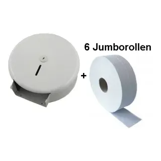 Jumborollenspender + 6 Rollen Papier, Metallgehäuse weiß, abschließbar und, 1 Paket = 6 Jumborollen á ca. 380 m, hochweiß