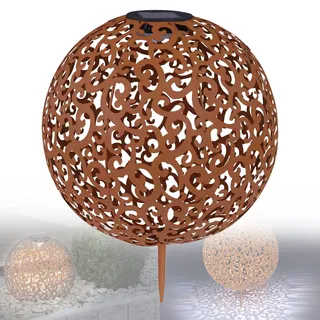 Solarlampe für Außen Garten Kugel Rost Optik - Gartendeko Solar Vintage - Solarleuchte Garten Deko Balkon - Außenlampe LED Solarkugel - Gartenlampe Durchmesser 28 cm