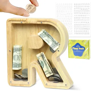 LEcylankEr Spardose Kinder Personalisierte A-Z Alphabet Sparbüchse Holz Spardose Dekoration Kreative groß Sparschwein als Geschenke für Geburtstag, Weihnachten und Thanksgiving (R)