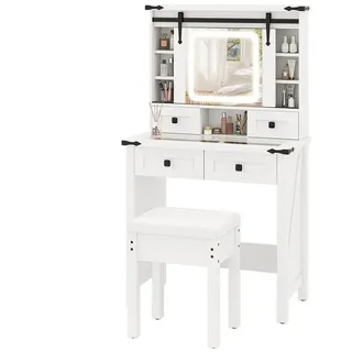Costway Schminktisch Frisiertisch Kosmetiktisch mit Hocker, LEDs, 3 Farben mit einstellbarer Helligkeit, Schiebespiegel & 4 Schubladen weiß - Weiß